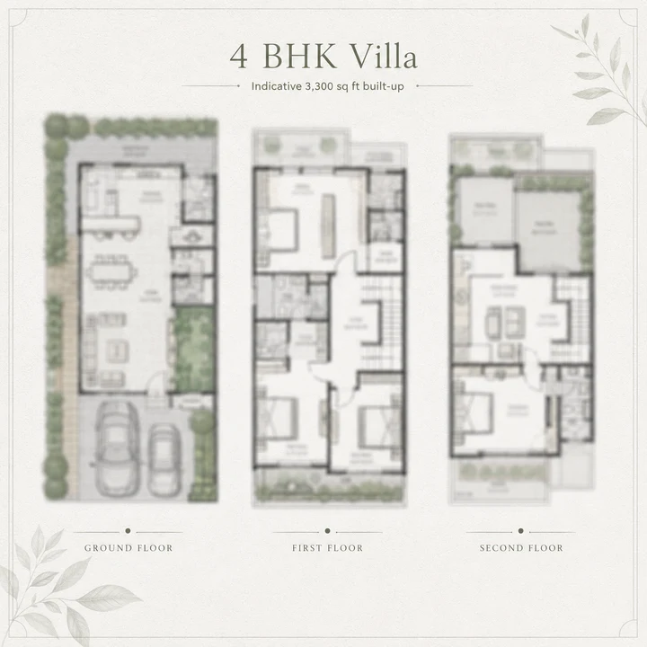 Urban Oasis 4 BHK villa indicative floor plan across ground, first and second floors, about 3,300 sq ft built-up on the client brief's unconfirmed figure Urban Oasis 4 BHK villa indicative floor plan across ground, first and second floors, about 3,300 sq ft built-up on the client brief's unconfirmed figure