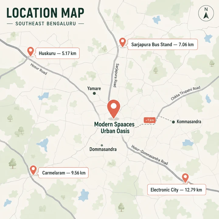 Urban Oasis location map between Yamare and Dommasandra in Sarjapura Hobli, showing Huskuru 5.17 km, Sarjapura Bus Stand 7.06 km, Carmelaram 9.56 km and Electronic City 12.79 km